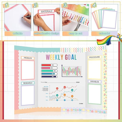 90 Pcs Science Fair Board Supplies 60 Trim Scalloped Bulletin Board Borders 24 Presentation Board Subtitles 6 Science Fair Titles for Classroom Display Boards (Pastel)