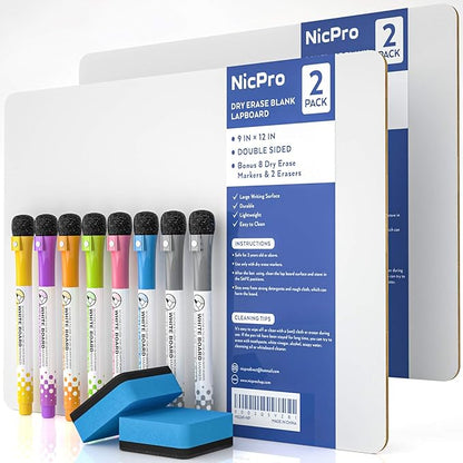 Nicpro Dry Erase Lap Board 9 x 12 inches 2 Pack Kid Double Sided Blank Small Lapboard with 8 Pens, 2 Eraser, Learning Mini Whiteboard Portable Drawing Board for Student and Classroom Use