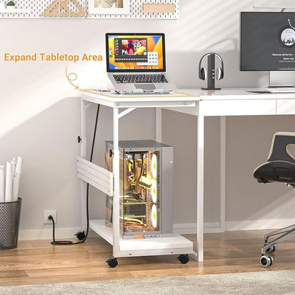 Computer Tower Stand with Power Strips, Height Adjustable PC Tower Stand/Cart with Wheels, Mobile Rolling CPU Holder, Computer Cart Side Stand for Computer Desk, 32", Carbon Fiber White