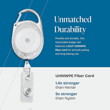 Will Well ID Badge Holders with Clip and Keyring - Horizontal Clear Plastic 3.7" x 2.5" Sleeves Fit Up to 3 Cards - Retractable 24" UHMWPE Fiber Pull Cords - 2-Pack, Transparent White Reels