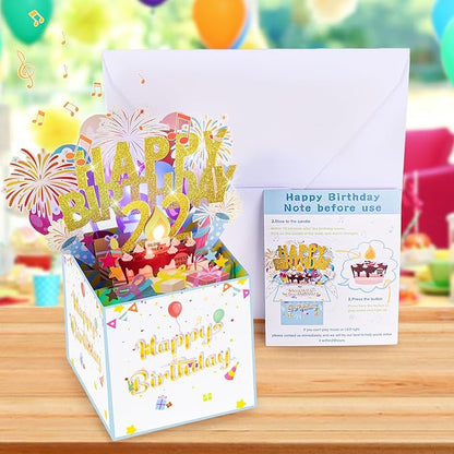 Tnvee 22TH Birthday Cards with Lights & Music & Candle, 3D Pop Up Singing Happy Birthday Greeting Cards Gfits for 22 Years Old Girl Boy Friends