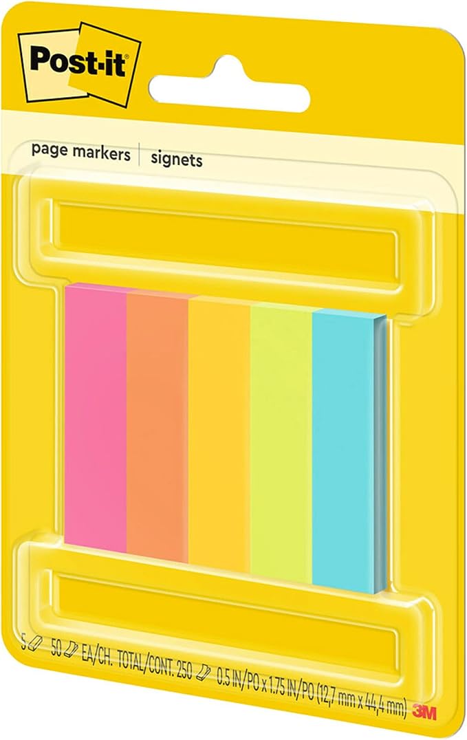 Post-it Page Markers, Assorted Colors, 1/2 in x 2 in, 50 Sheets/Pad, 5 Pads/Pack (670-5AF)