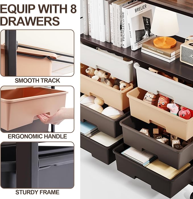 8 Drawers Rolling Storage Cart with Wooden Top, Multipurpose Utility Cart with Opening Shelf & Lockable Wheels, Storage Drawer Cart Organizer for Home Office Craft Room Classroom, Brown