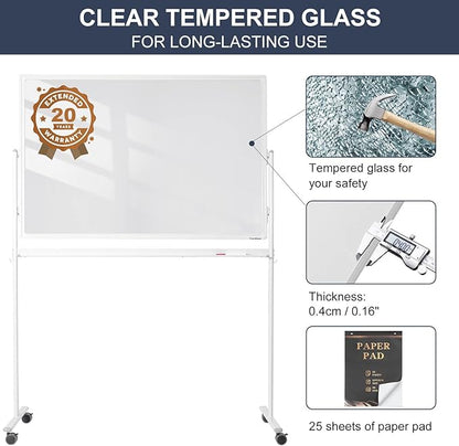 Mobile Clear Glass Whiteboard, TANKEE 48" X 32" Standing White Board on Wheels, Large Rolling Dry Erase Board with Stand, Transparent Tempered Glass Board with Paper Pad, Great for Office Home School