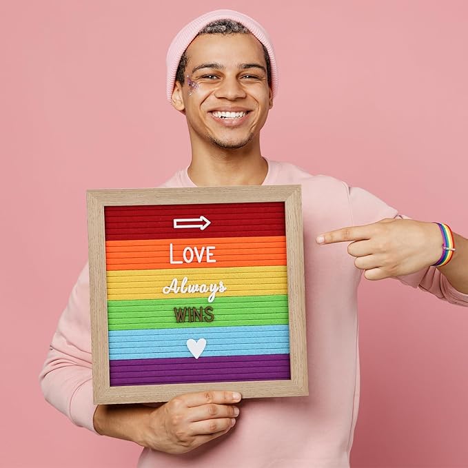 Changeable Felt Letter Board with Letters, Pre Cut & Sorted 725 Letters, Rainbow Decor, 10x10 Inch Message Board, Classroom Decor Farmhouse Wall Decor Sign Board, Pride Decorations for Office