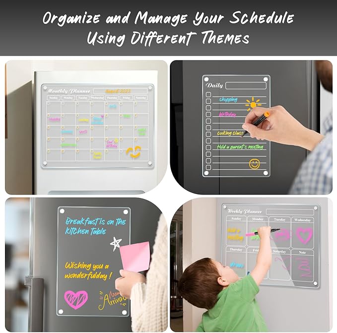 DIYMAG 4Pcs Acrylic Magnetic Dry Erase Calendar for Fridge, Clear Acrylic Calendar Planning Board Set Magnetic Weekly Monthly Planner Menu for Refrigerator with 6 Highlight Markers Transparent Color