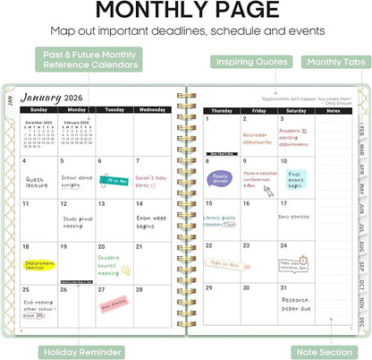 2026 Planner, Weekly and Monthly Calendar Planner, January 2026 - December 2026, Hardcover 2026 Calendar Planner Book with Tabs For Women & Men, Inner Pocket, Spiral Bound, Perfect for Office Home School Supplies - A4 (8.5" x 11"), Mint