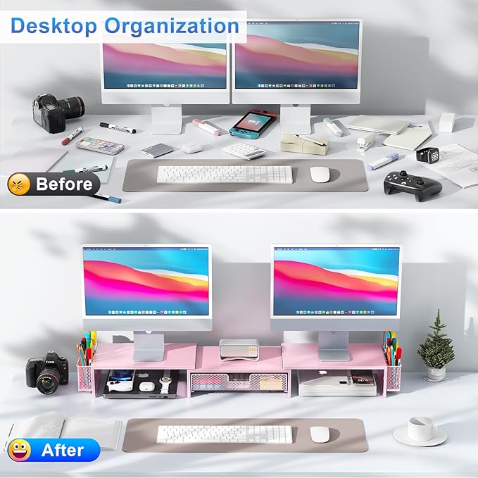 gianotter Dual Monitor Stand Riser, Desk Organizer With Drawer and 2 Pen Holders,Desk Organizers and Accessories, Pink Office Supplies (Pink)