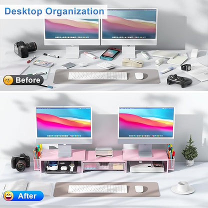 gianotter Dual Monitor Stand Riser, Desk Organizer With Drawer and 2 Pen Holders,Desk Organizers and Accessories, Pink Office Supplies (Pink)