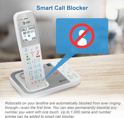 AT&T DAL75211 DECT 6.0 Cordless Home Phone with Smart Call Blocker, Bluetooth Connect to Cell, Digital Answering Machine, Full-Duplex Speakerphone, Expandable to 5 HS (White)