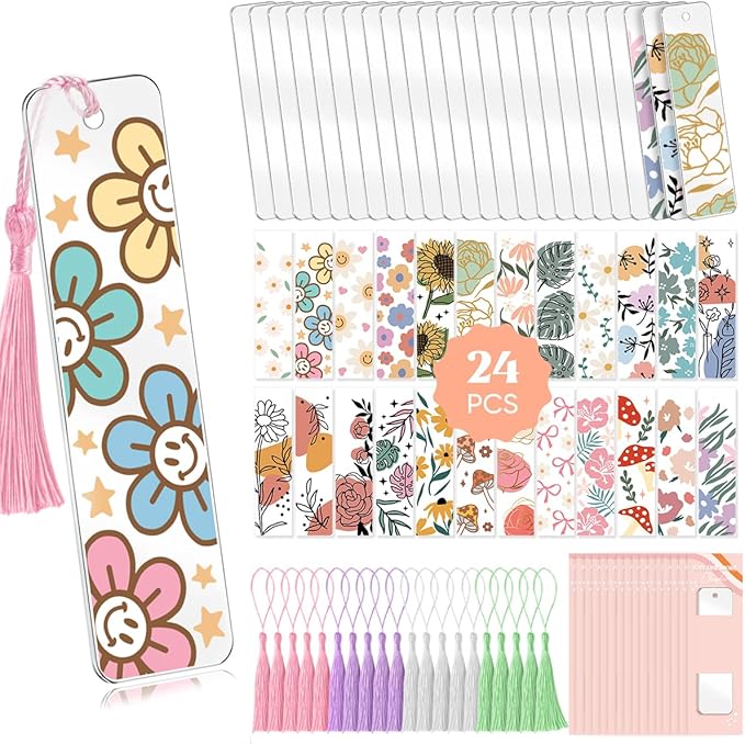 48PCS Bookmark Making Kit, 24 Acrylic Bookmark Blanks with 24Pcs Tassels, 24 UV Stickers About Flower Theme, DIY Blank Bookmarks Waterproof UV DTF Transfers Stickers for Clear Bookmarks DIY Projects