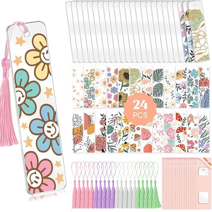 48PCS Bookmark Making Kit, 24 Acrylic Bookmark Blanks with 24Pcs Tassels, 24 UV Stickers About Flower Theme, DIY Blank Bookmarks Waterproof UV DTF Transfers Stickers for Clear Bookmarks DIY Projects