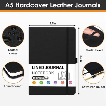 Lined Journal Notebooks for Women and Men, A5 100gsm Hardcover Notebook with Pen Loop, 160 Pages, 5.7" X 8.3", Notebook for Student, Office, School (Black)