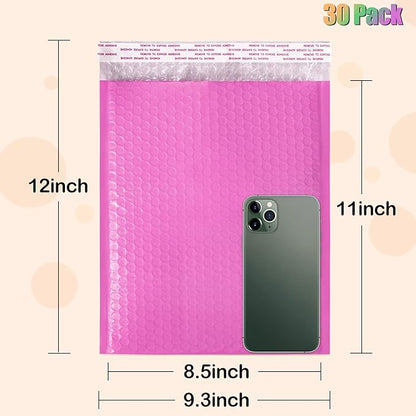 8.5 x 12 Inch Bubble Mailers, 30 Pack Self-Seal Poly Padded Envelope, Waterproof Shipping Bags for Small Business, Hot Pink