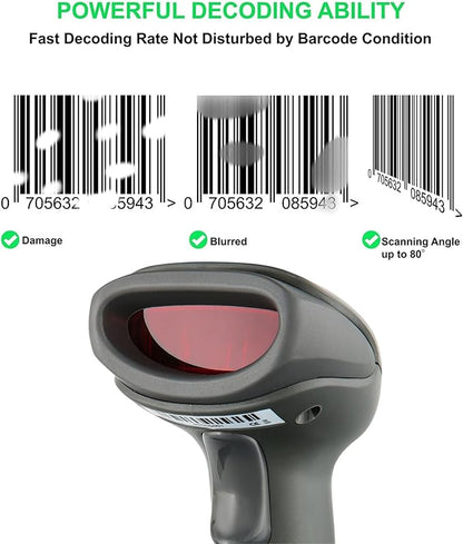 Wireless Barcode Scanner with USB Cradle Receiver Charging Base, 2.4GHz Handheld 1D Cordless Laser Barcode Reader, UP to 150Ft Transmission Range, long-life Battery 2200mAh, 1 Year Warranty.