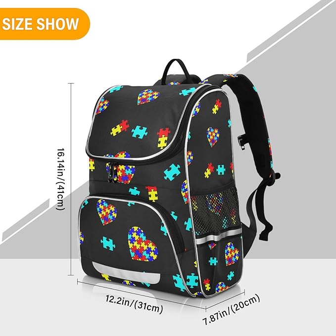 Autism Awareness Colorful Puzzle Backpack with Reflective Strip for Kids Boys Girls Elementary School Bag Removable Chest Strap