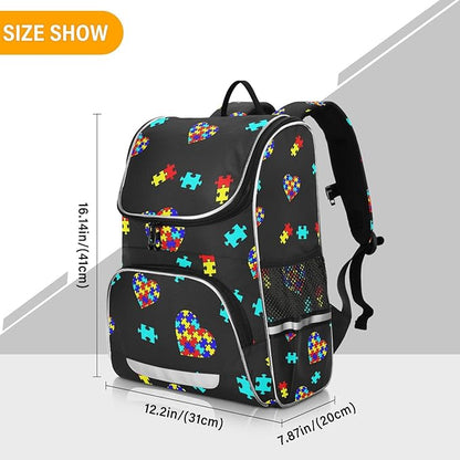 Autism Awareness Colorful Puzzle Backpack with Reflective Strip for Kids Boys Girls Elementary School Bag Removable Chest Strap