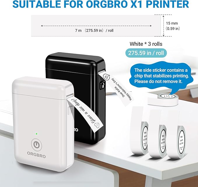 ORGBRO X1 Label Maker Tape, Genuine Thermal Label Print Paper 0.59"×275.6"(15mm×7m), Standard Laminated Office Labeling Tape Replacement, 3-Roll, White