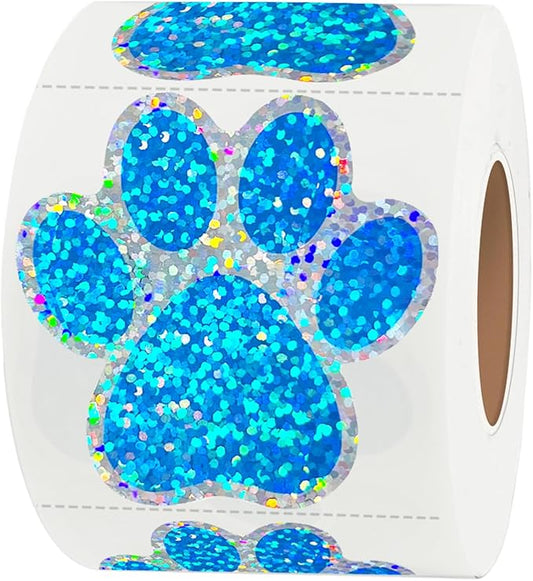 2 Inch Paw Stickers,300Pcs Sparkle Blue Paw Stickers,Self-Adhesive Holographic Shiny Bear Paw Stickers Roll for Kids Birthday Decor Envelopes Seals Cards Gift Wrap