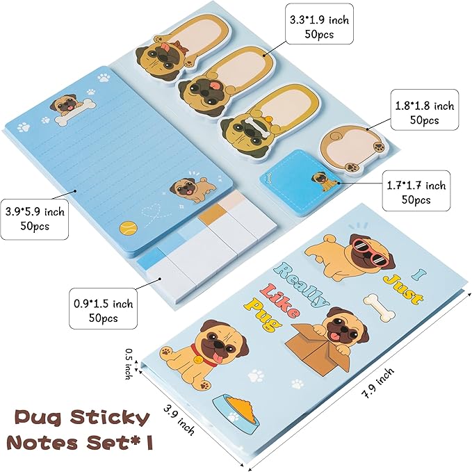 I Just Really Like Pug Sticky Notes Set, 550 Sheets, Cute Cartoon Pug Self-Stick Notes Pads Animal Divider Tabs Bundle Writing Memo Pads Back to School Office Supplies Small Gift