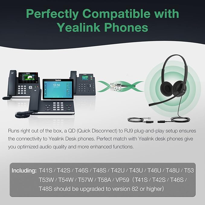 Yealink Phone Headsets for Office Phones YHS34 Lite QD to RJ9 Wired Headset for Yealink Compatible with Poly Snom Grandstream Phones Desk Landline Headset with Microphone -Dual/111g/2.1m Cable