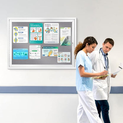 SWANCROWN Enclosed Bulletin Board Grey Felt Displays Boards Weather Resistant Wall Mounted Notice Case,37x28inches