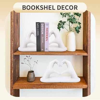 White Decorative Bookends for Shelves, Heart Hands Book Ends Sculpture Aesthetic Decor for Bedroom Living Room Merch Apartment Bookshelf Birthday Women Decorations Stuff Aesthetic