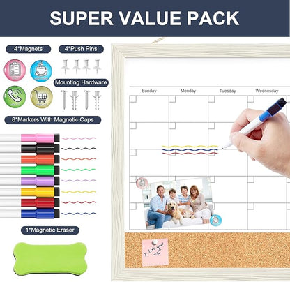 Calendar Whiteboard for Wall, 18x24 Inches Whiteboard Calendar Cork Board Combo, Magnetic White Board Monthly Calendar with Wood Framed, Hanging Dry Erase Board for Kitchen Home Office Planner