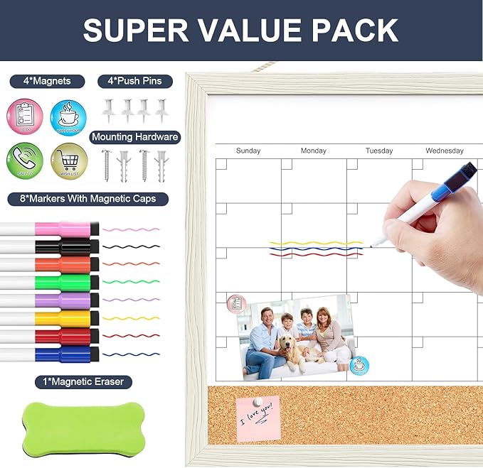 Calendar Whiteboard for Wall, TANKEE 17"x13" Whiteboard Calendar Cork Board Combo, Small Magnetic White Board with Wood Framed, Hanging Dry Erase Board for Kitchen Home Office School Planner