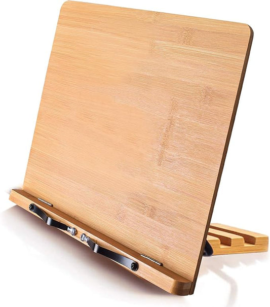 wishacc Bamboo Book Stand Cookbook Holder with 5 Adjustable Height 13.2 x 9.2