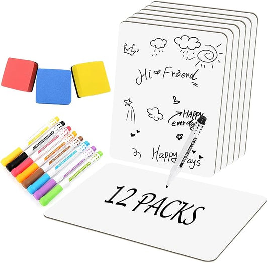 Set of 12 Small White Board Dry Erase Boards Classroom Pack 9" x12” Double Sided Personal Whiteboards for Students Teachers School Supplies Lapboards Mini Whiteboard Erasers Incl and Colors Pens