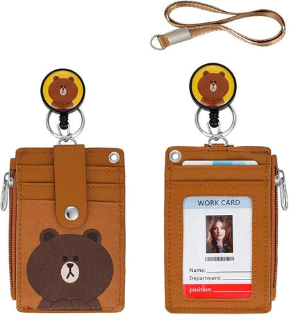Cute Badge Holder Retractable Lanyard Reel Clip with Heavy Duty Carabiner, 1 Clear ID Window, and 4 Card Slots in 2 Sided for Students Teens Boys Girls Women (01 Brown Bear)