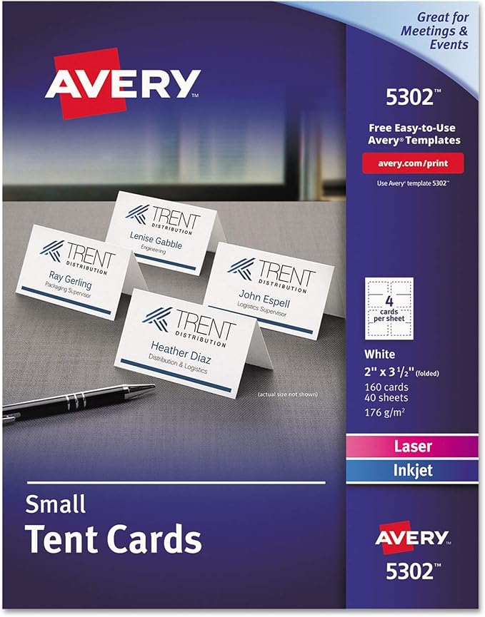 Avery Small Tent Cards, 2 Inch x 3.5 Inch, White, Box of 160 (5302)