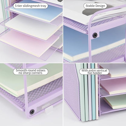 OPNCIE Desk Organizers and Accessories, 5 Tier Paper Letter Tray File Organizer, Office Organization Storage Desk Accessories Workspace Desktop Organizer for Classroom Office Supplies Decor(Purple)
