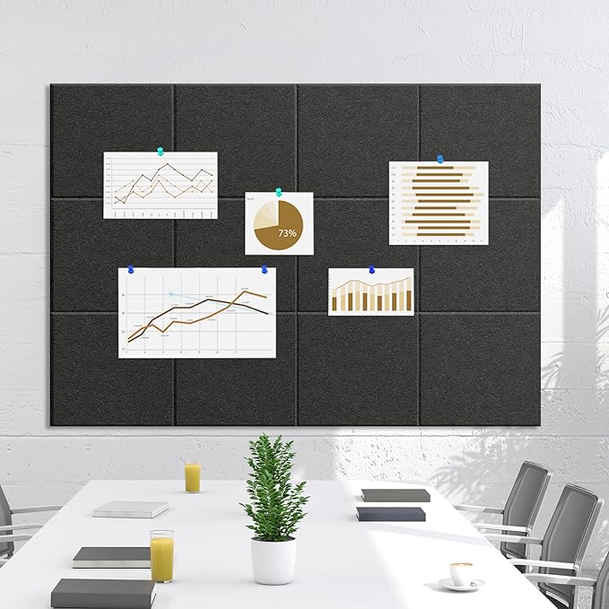 Large Cork Board Alternative - 12 Pack Felt Wall Tiles Office Decor Bulletin Board Cork Boards for Walls, Black Cork Board for Office Pin Board with Safe Adhesive for Office/Home/School