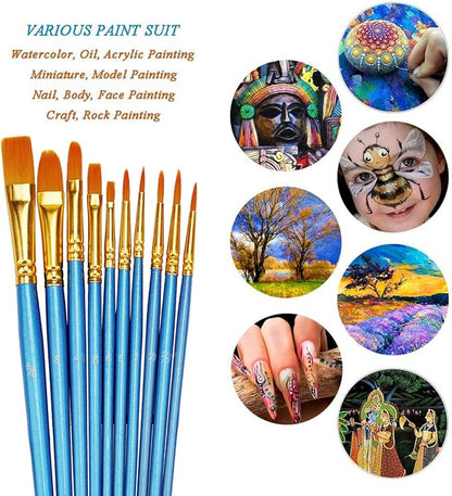 BOSOBO Paint Brush Sets, 6 Pack 60 Pcs Pointed-Round Tip Paintbrushes Nylon Hair Artist Acrylic Paint Brushes for Acrylic Watercolor Oil, Face Art, Model, Miniature Detailing & Rock Painting, Blue