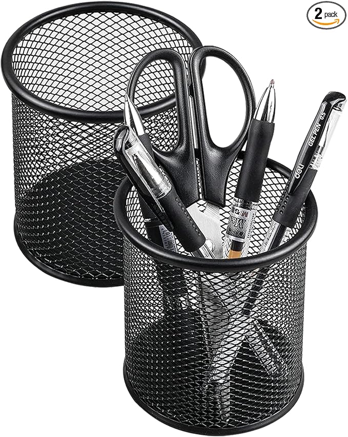 QYH Metal Pencil Holder for Desk Mesh Pen Cup 2 Packs Black Pen Organizer Office 3.54x3.93 Inch