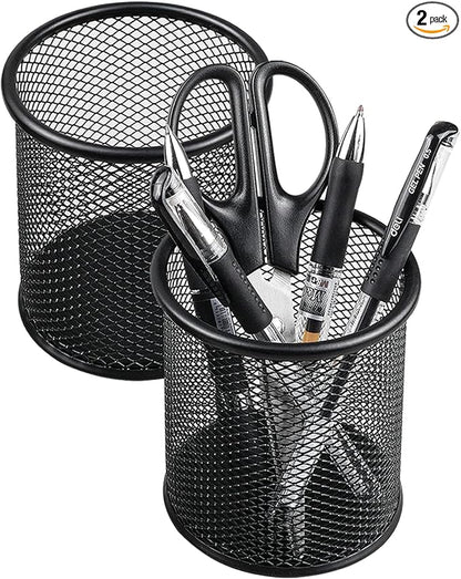 QYH Metal Pencil Holder for Desk Mesh Pen Cup 2 Packs Black Pen Organizer Office 3.54x3.93 Inch