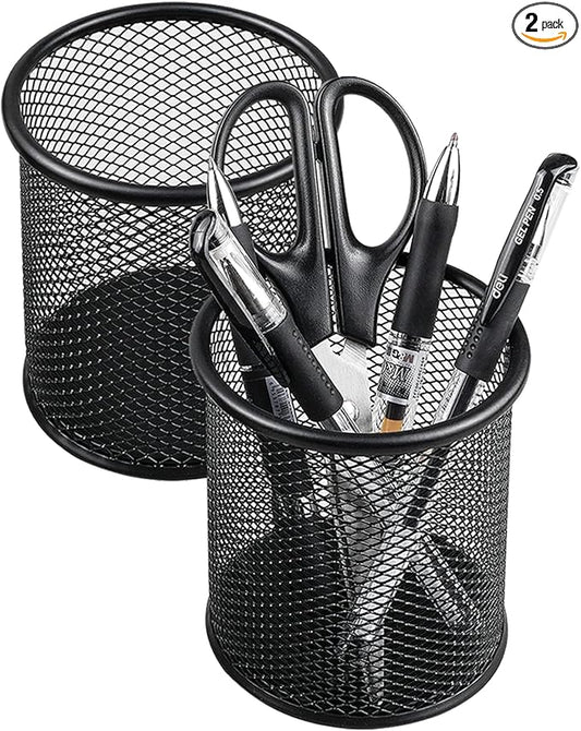 QYH Metal Pencil Holder for Desk Mesh Pen Cup 2 Packs Black Pen Organizer Office 3.54x3.93 Inch
