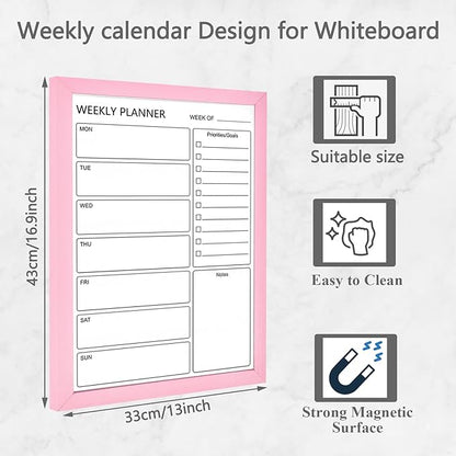 Dry Erase White Board Weekly Calendar Board, Magnetic Whiteboard for Wall,13“x17 Solid Wood Pink Framed Message Board, Planner Board for Office, Home, School(Weekly-BB-PK-3343)