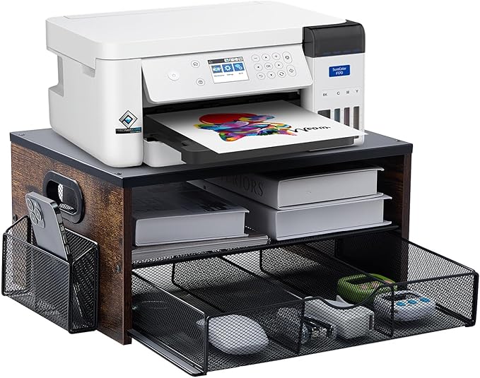 Printer Stand,Desktop Printer Stand with 2-Tier Storage Shelves for Home Office，Desk Organizer with Drawer and 2 Pen Holders for Fax Machine Scanner Files