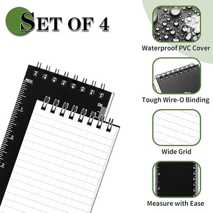 Waterproof Notebook, 4 Pack Top-Spiral Pocket Notepad, 3" x 5" Weatherproof NotePad, All Weather Police Pocket Notebook Little Memo Steno Note Pads for Outdoor Office School Recording, Black