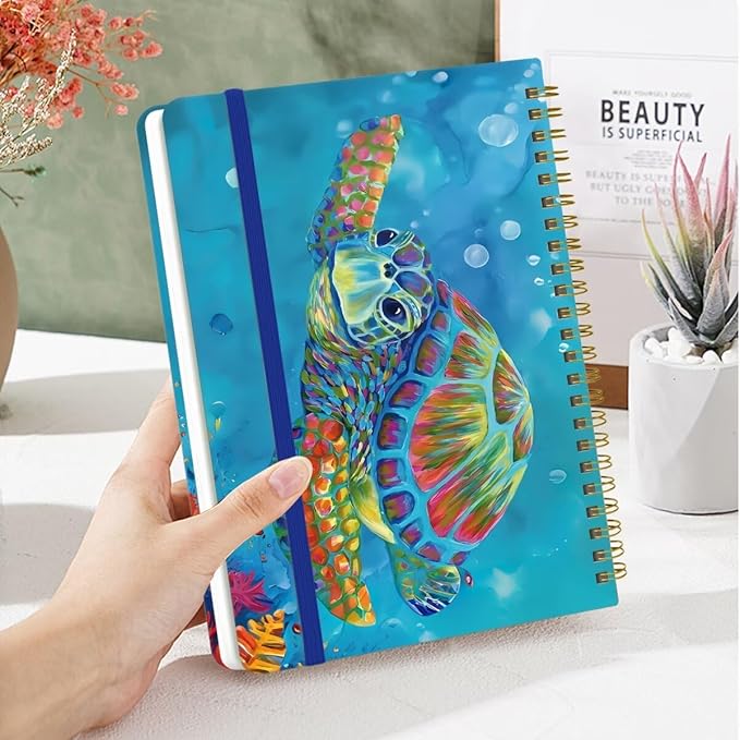 Spiral Notebook - A5 Spiral Notebooks, 8.3'' × 5.8'', 160 Pages, Aesthetic Journaling Notebooks for Women, College Lined Notebook with Elastic Closure, Back Pocket, for School Office, TurtleA