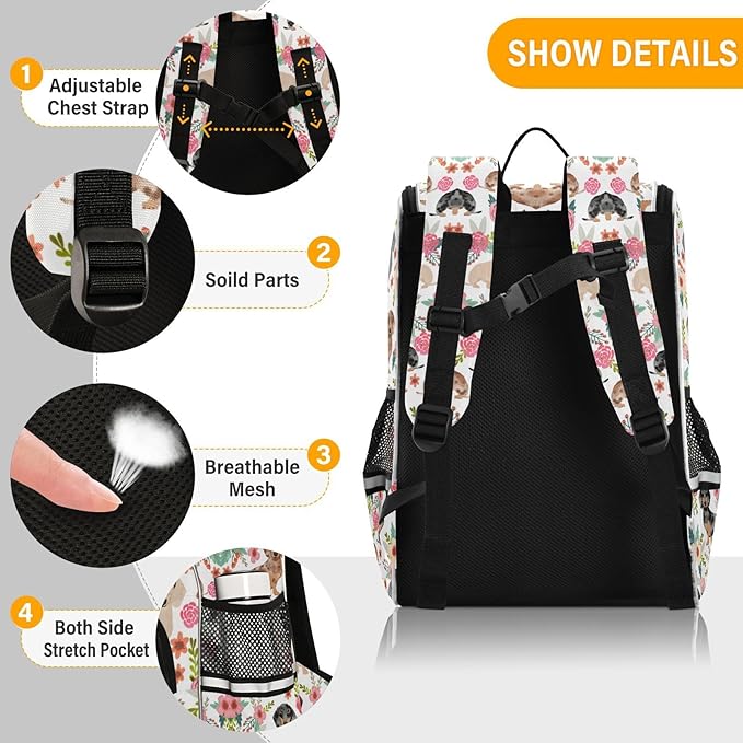 Dachshunds Dog Backpack with Reflective Strip for Kids Boys Girls Elementary School Bag Removable Chest Strap
