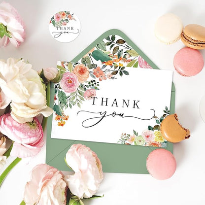 Whaline 50 Pack Floral Thank You Cards Boxed Watercolor Flower with Green Leaves Blank Note Cards with Envelopes Stickers Greeting Cards for Spring Wedding Birthday