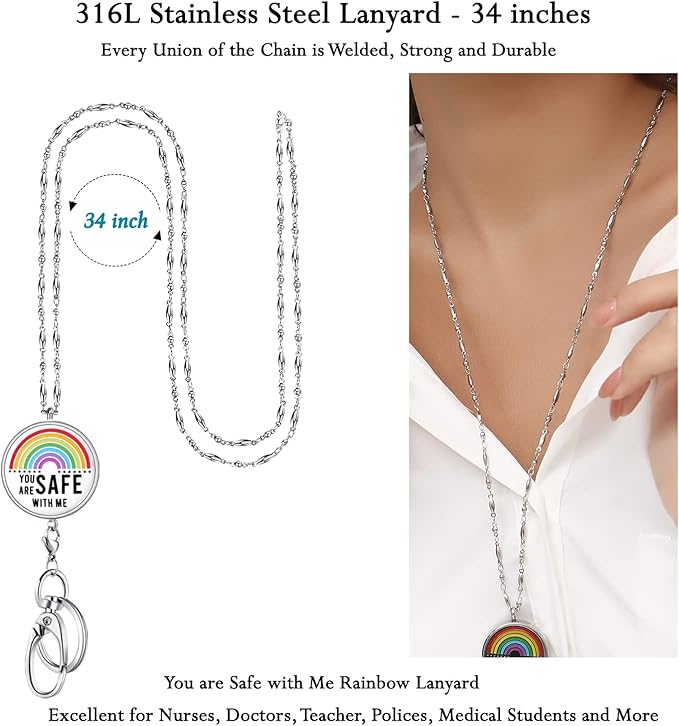 Lanyards for ID Badges, Teacher Lanyard with ID Holder Teacher Appreciation Gifts Nurse Accessories Work Jewelry Stainless Steel Chain Keychain Necklace Badge Lanyards for Women You are Safe with Me