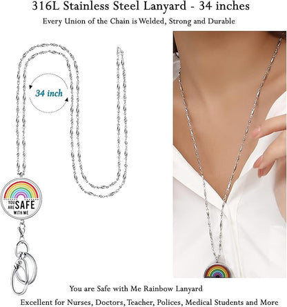 Lanyards for ID Badges, Teacher Lanyard with ID Holder Teacher Appreciation Gifts Nurse Accessories Work Jewelry Stainless Steel Chain Keychain Necklace Badge Lanyards for Women You are Safe with Me
