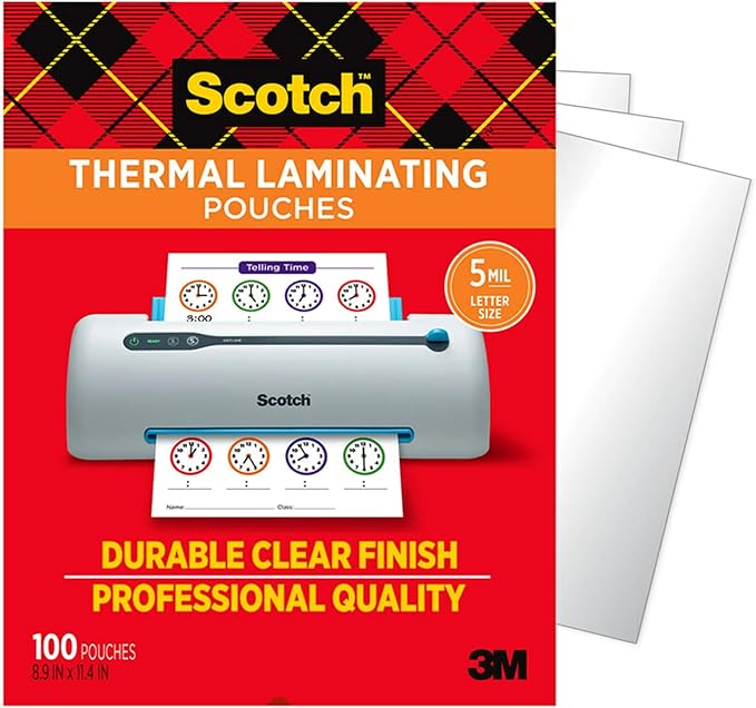 Scotch Thermal Laminating Pouches, 100 Count, Clear, 5 mil., Laminate Business Cards, Banners and Essays, Ideal Office or School Supplies, Fits Letter Sized Paper (8.9 in. × 11.4 in.)