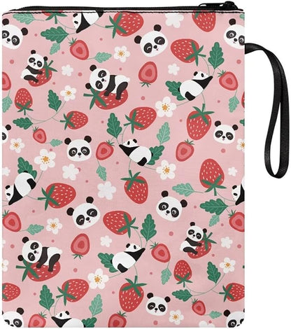 COEQINE Kawaii Book Sleeve Cover for Women Girls Back School Work Strawberry Panda Book Covers Pouch for Book Lovers Portable Book Pouch