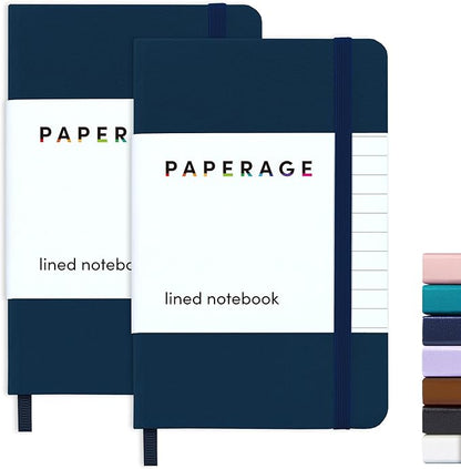 PAPERAGE Lined Pocket Journal Notebook, 2 Pack, (Navy), 160 Pages, Small Notebook, 3.6 inches x 5.6 inches - 100 GSM Thick Paper, Hardcover